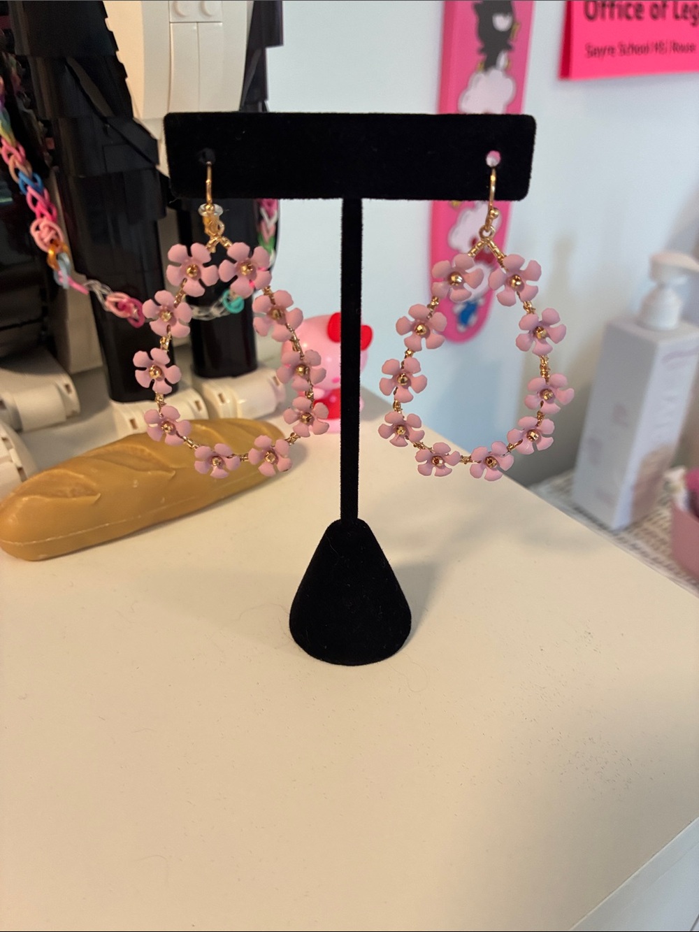 Pink Floral Hoop Earrings Coquette Feminine Delicate Classy Teardrop